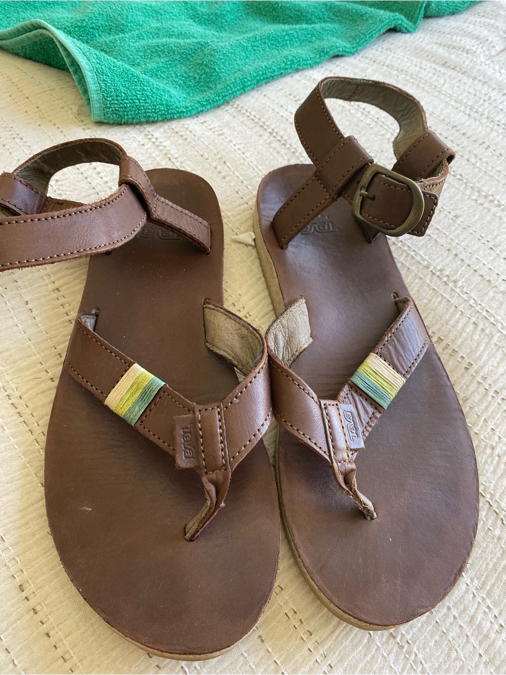 Teva Brown Leather Sandals with Green and Yellow Thread Accents -EUC